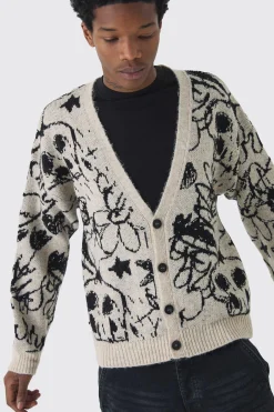 boohooMAN Oversized Boxy Brushed All Over Jacquard Knitted Cardigan | UK| Knitwear