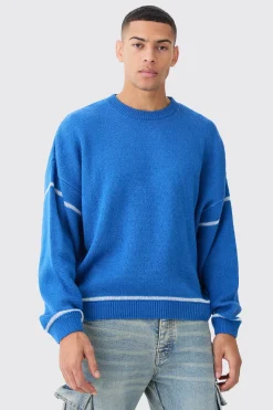 boohooMAN Oversized Boxy Brushed Contrast Stitch Knit Jumper | UK| Knitwear