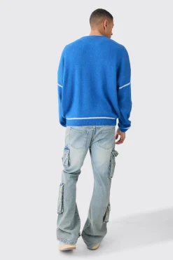 boohooMAN Oversized Boxy Brushed Contrast Stitch Knit Jumper | UK| Knitwear