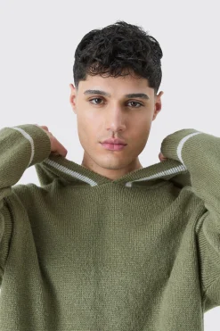 boohooMAN Oversized Boxy Brushed Contrast Stitch Knit Hoodie | UK| Knitwear