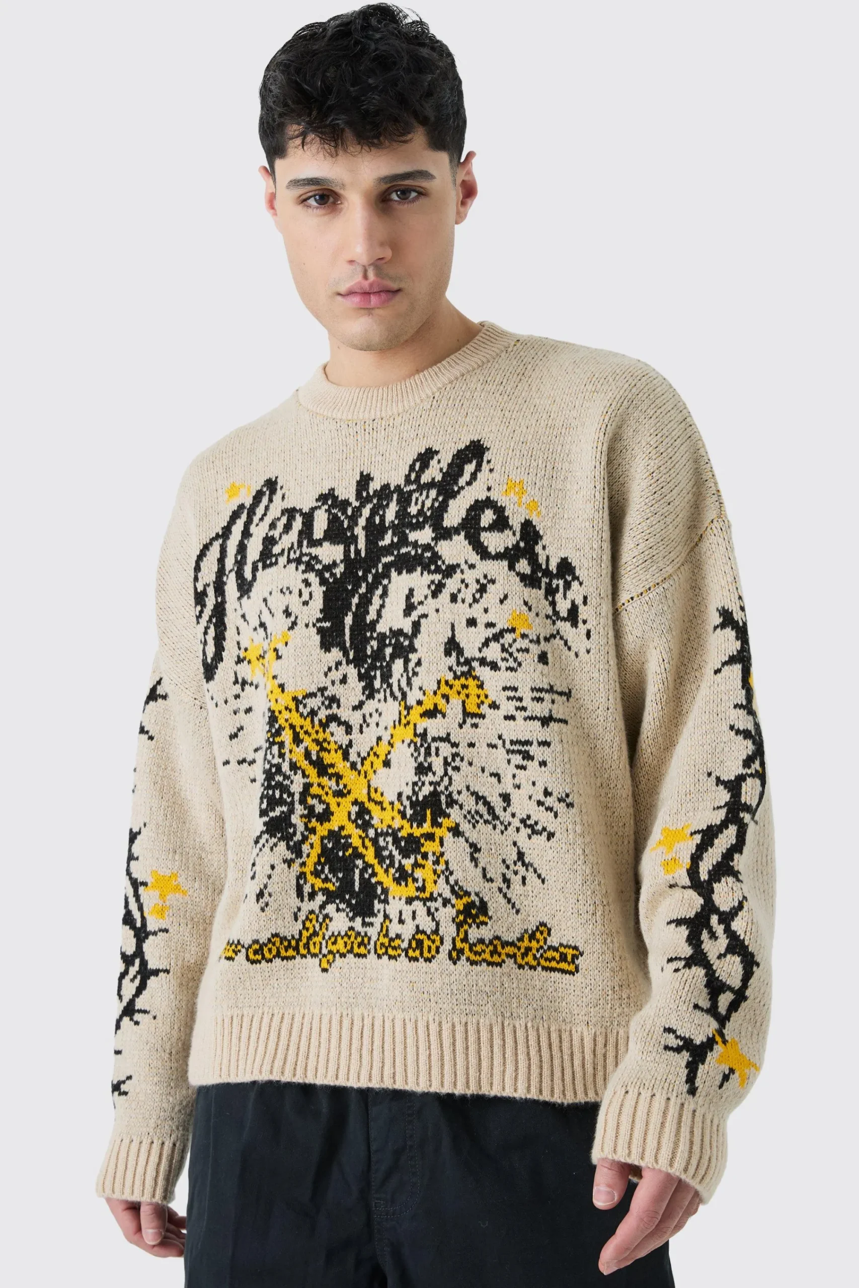boohooMAN Oversized Boxy Brushed Graphic Knitted Jumper | UK| Knitwear