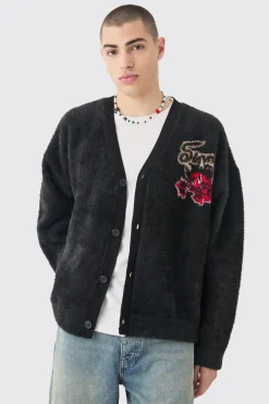 boohooMAN Oversized Boxy Brushed Varsity Knit Cardigan | UK| Knitwear