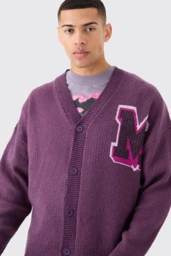 boohooMAN Oversized Boxy Brushed Varsity Knit Cardigan | UK| Knitwear