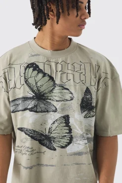 Oversized Boxy Butterfly Print Washed Raw Edge T-shirt | UK^boohooMAN Online