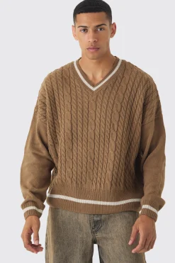 boohooMAN Oversized Boxy Cable Knit V Neck Jumper | UK| Knitwear