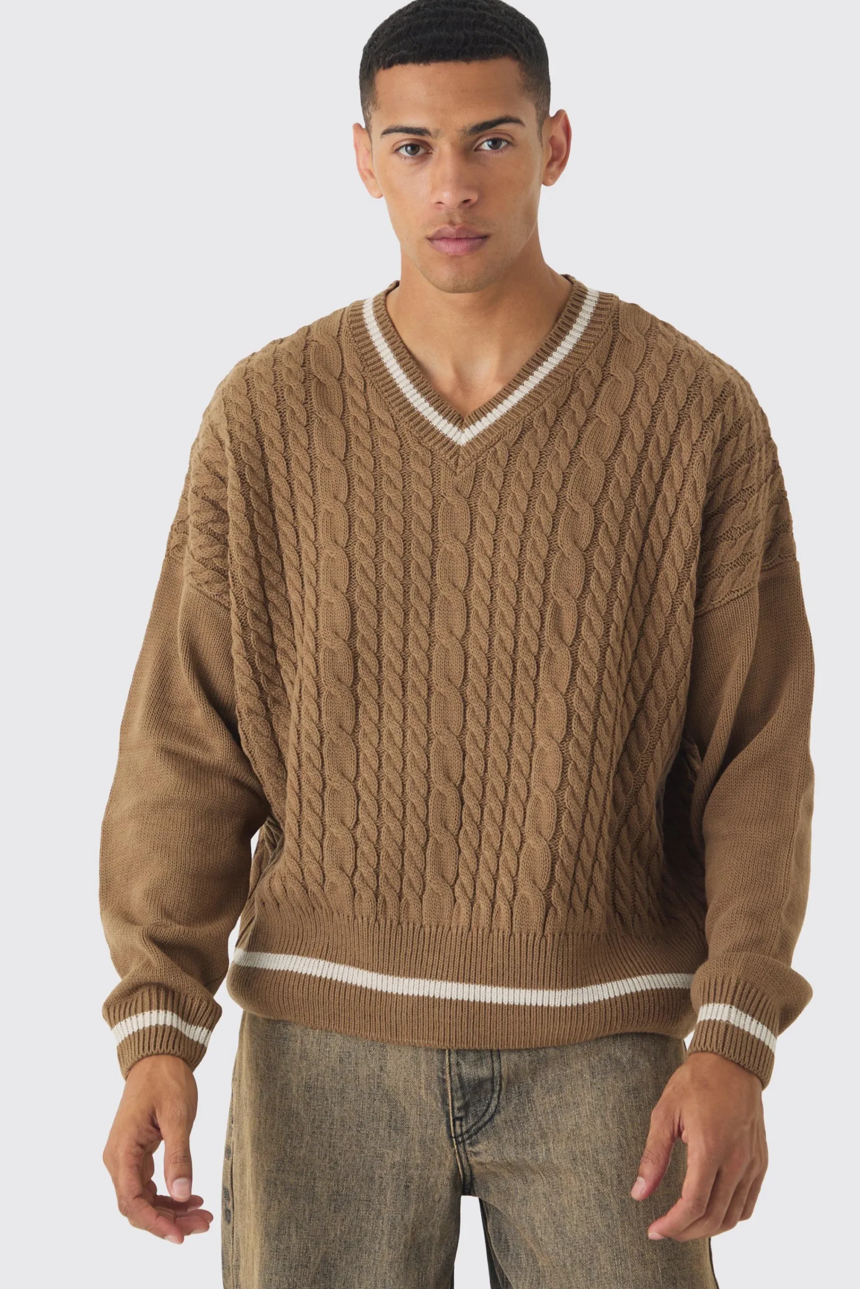 boohooMAN Oversized Boxy Cable Knit V Neck Jumper | UK| Knitwear