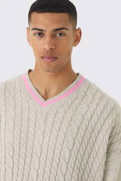 boohooMAN Oversized Boxy Cable Knit V Neck Jumper | UK| Knitwear