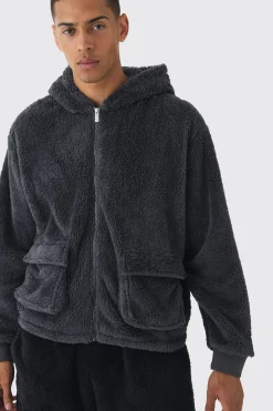 boohooMAN Oversized Boxy Cargo Pocket Zip Through Teddy Borg Hoodie | UK| Hoodies & Sweatshirts