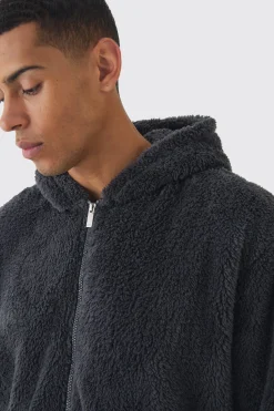 boohooMAN Oversized Boxy Cargo Pocket Zip Through Teddy Borg Hoodie | UK| Hoodies & Sweatshirts