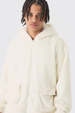 boohooMAN Oversized Boxy Cargo Pocket Zip Through Teddy Borg Hoodie | UK| Hoodies & Sweatshirts