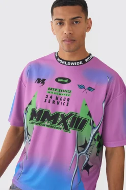 Oversized Boxy Closed Mesh Graffiti Moto Jacquard Neck T-shirt | UK^boohooMAN Best