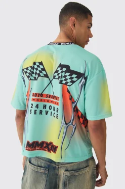 Oversized Boxy Closed Mesh Graffiti Moto Jacquard Neck T-shirt | UK^boohooMAN Outlet