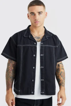 boohooMAN Oversized Boxy Contrast Stitch Denim Shirt | UK| Sets & Co-Ords|Shirts