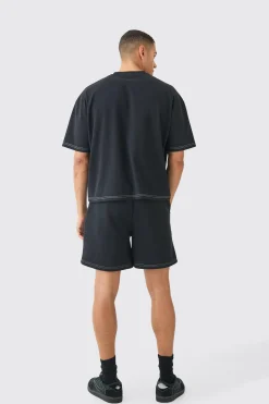 boohooMAN Oversized Boxy Contrast Stitch Puff Print T-shirt & Short Set | UK| Sets & Co-Ords|Tracksuits