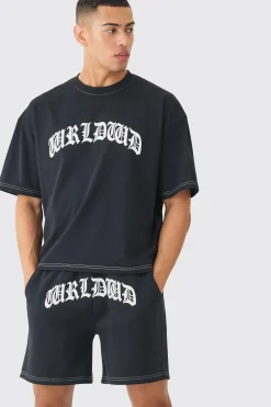 boohooMAN Oversized Boxy Contrast Stitch Puff Print T-shirt & Short Set | UK| Sets & Co-Ords|Tracksuits