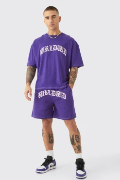 boohooMAN Oversized Boxy Contrast Stitch Puff Print T-shirt & Short Set | UK| Sets & Co-Ords|Tracksuits