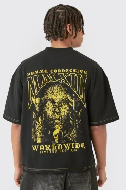 Oversized Boxy Contrast Stitch Printed Extended Neck T-shirt | UK^boohooMAN