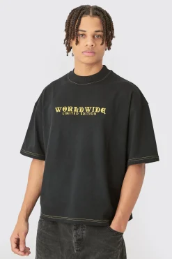 Oversized Boxy Contrast Stitch Printed Extended Neck T-shirt | UK^boohooMAN