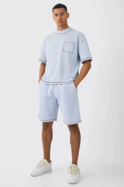 boohooMAN Oversized Boxy Contrast Stitch T-shirt & Shorts Set | UK| Sets & Co-Ords|Tracksuits