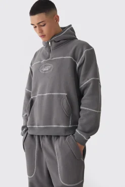 boohooMAN Oversized Boxy Contrast Stitch Embroidered Hoodie | UK| Hoodies & Sweatshirts