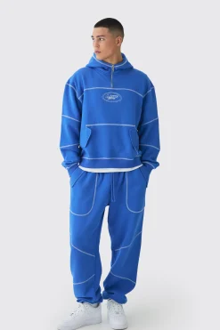 boohooMAN Oversized Boxy Contrast Stitch Embroidered Hooded Tracksuit | UK| Tracksuits