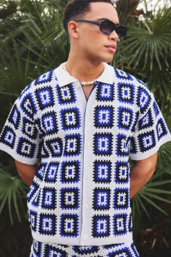 boohooMAN Oversized Boxy Crochet Knit Shirt In | UK| Shirts