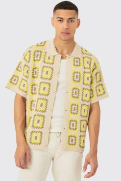 boohooMAN Oversized Boxy Crochet Knit Shirt In | UK| Shirts