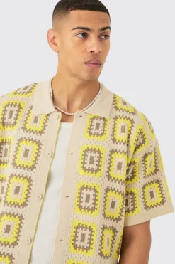 boohooMAN Oversized Boxy Crochet Knit Shirt In | UK| Shirts