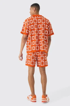 boohooMAN Oversized Boxy Crochet Knit Shirt And Short Set | UK| Sets & Co-Ords|Tracksuits