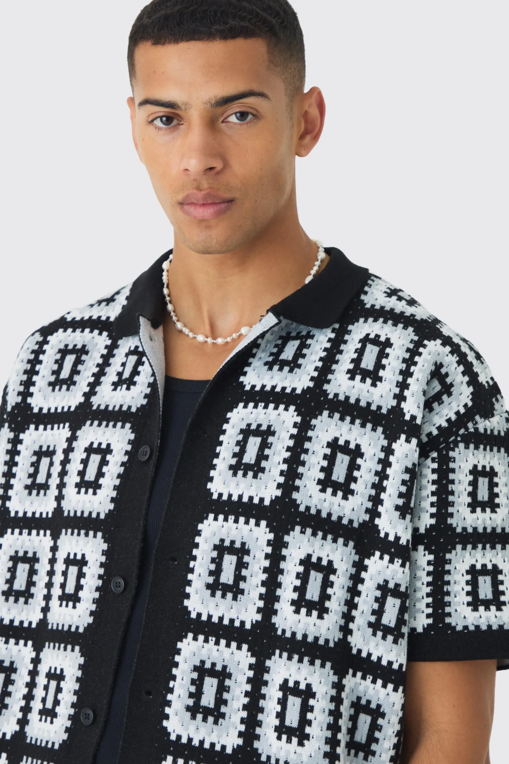 boohooMAN Oversized Boxy Crochet Knit Shirt And Short Set | UK| Shirts|Sets & Co-Ords