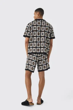 boohooMAN Oversized Boxy Crochet Knit Shirt And Short Set | UK| Sets & Co-Ords|Tracksuits
