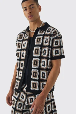 boohooMAN Oversized Boxy Crochet Knit Shirt And Short Set | UK| Sets & Co-Ords|Tracksuits