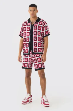 boohooMAN Oversized Boxy Crochet Knit Shirt And Short Set | UK| Sets & Co-Ords|Tracksuits