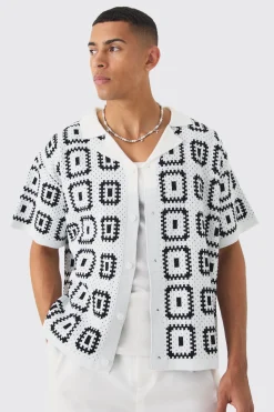 boohooMAN Oversized Boxy Crochet Knit Revere Shirt | UK| Shirts|Knitwear