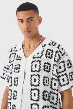 boohooMAN Oversized Boxy Crochet Knit Revere Shirt | UK| Shirts|Knitwear