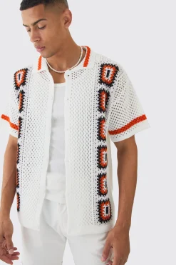 boohooMAN Oversized Boxy Crochet Placement Knit Shirt | UK| Shirts