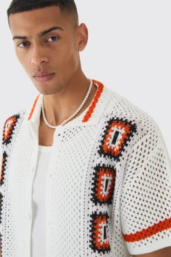 boohooMAN Oversized Boxy Crochet Placement Knit Shirt | UK| Shirts