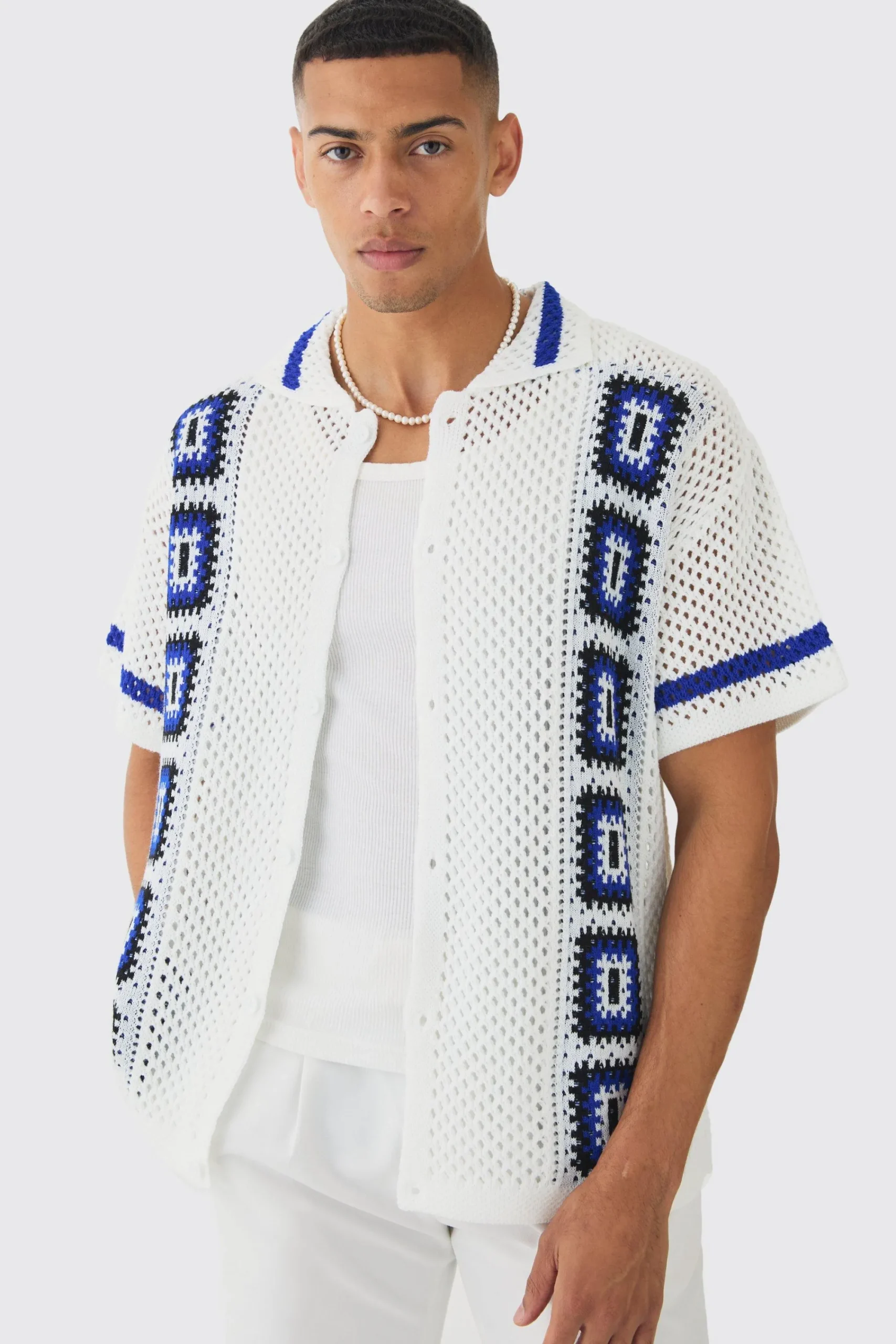 boohooMAN Oversized Boxy Crochet Placement Knit Shirt | UK| Shirts