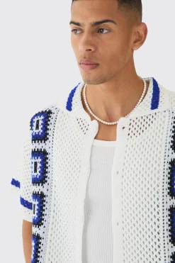 boohooMAN Oversized Boxy Crochet Placement Knit Shirt | UK| Shirts