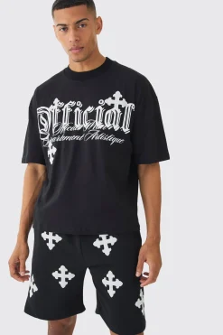 boohooMAN Oversized Boxy Cross Applique Distressed T-shirt And Short Set | UK| Sets & Co-Ords|Tracksuits
