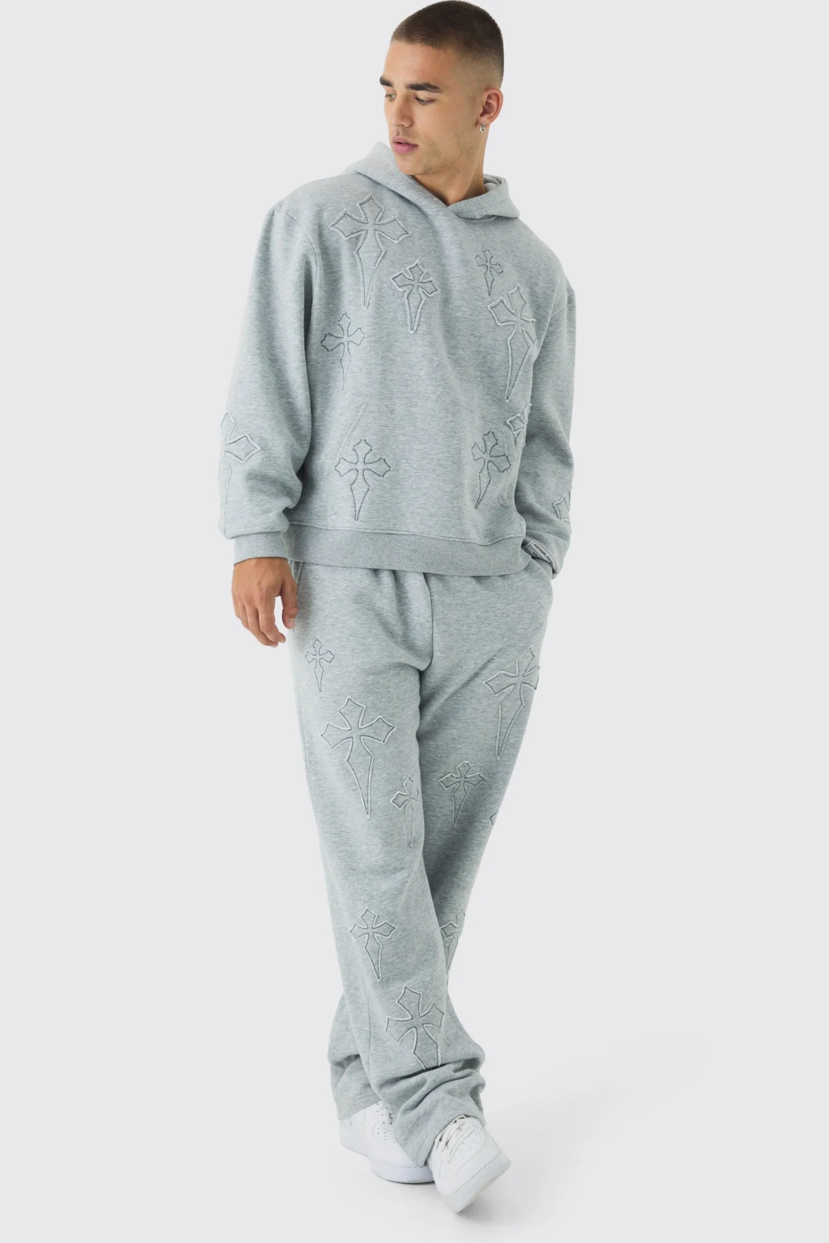 boohooMAN Oversized Boxy Cross Applique Hoodie And Relaxed Jogger Tracksuit | UK| Tracksuits|Hoodies & Sweatshirts