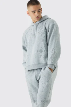 boohooMAN Oversized Boxy Cross Applique Hoodie And Relaxed Jogger Tracksuit | UK| Tracksuits|Hoodies & Sweatshirts