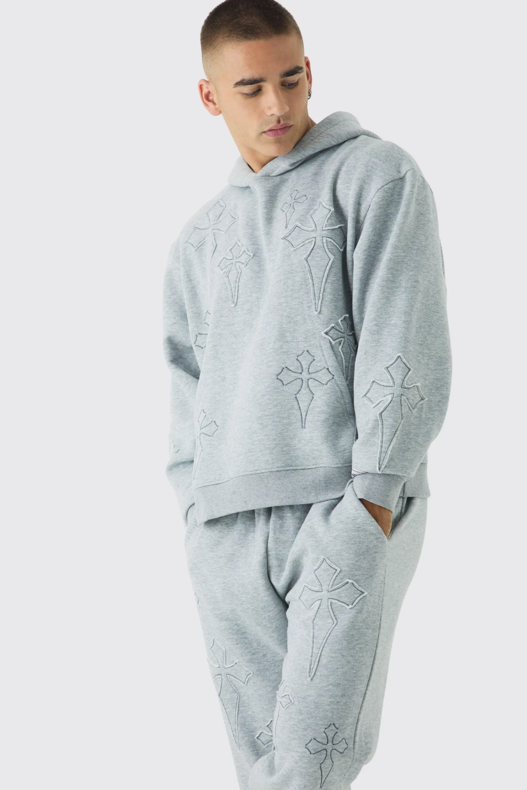 boohooMAN Oversized Boxy Cross Applique Hoodie And Relaxed Jogger Tracksuit | UK| Tracksuits|Hoodies & Sweatshirts