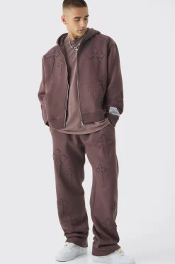 boohooMAN Oversized Boxy Cross Applique Zip Through Hoodie And Relaxed Jogger Tracksuit | UK| Tracksuits|Hoodies & Sweatshirts