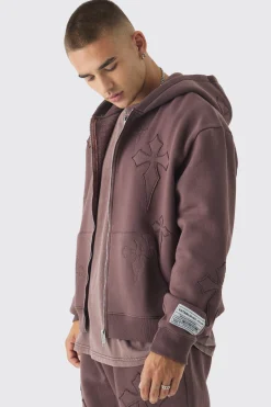 boohooMAN Oversized Boxy Cross Applique Zip Through Hoodie And Relaxed Jogger Tracksuit | UK| Tracksuits|Hoodies & Sweatshirts