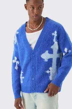 boohooMAN Oversized Boxy Cross Brushed Knitted Cardigan | UK| Knitwear