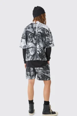 boohooMAN Oversized Boxy Denim Printed Waffle T-shirt & Shorts Set | UK| Tracksuits