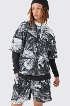 boohooMAN Oversized Boxy Denim Printed Waffle T-shirt & Shorts Set | UK| Tracksuits