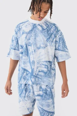 boohooMAN Oversized Boxy Denim Printed Waffle T-shirt & Shorts Set | UK| Sets & Co-Ords|Tracksuits