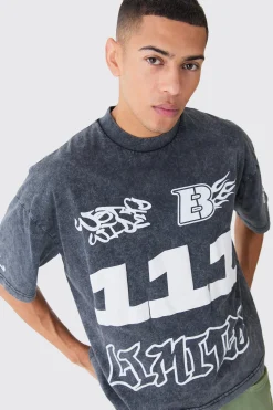 Oversized Boxy Extended Neck Puff Print Washed T-shirt | UK^boohooMAN Discount